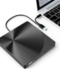 External CD DVD Drive With USB 3.0 And Type-C Plug And Play Portable Burner For Laptops And Macs No Extra Power Needed Ultra Slim Travel Ready Optical Drive black USB-connected to laptop