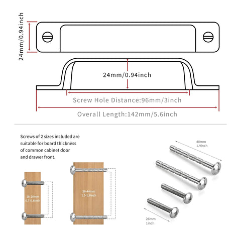 Dimensions and screw details for Antique Brass Cabinet Drawer Pulls 10 Pack Zinc Alloy Cup Pulls For Kitchen Cabinets And Dressers Center To Center Three And Three Quarters Inches Overall Length Five Point Twenty Five Inches Width Seven Eighth Inch Easy Installation