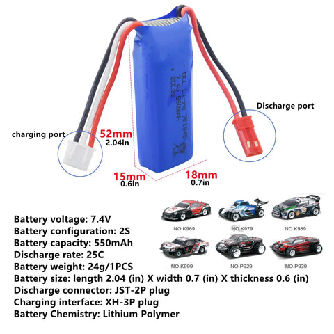 2 Pack 7.4V 550mAh LiPo Battery With 2 In 1 Charger for WLtoys K969 K979 K989 K999 P929 P939 RC Cars, specs visible on image