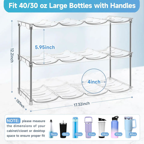 Top Shelf Large Water Bottle Organizer Rack Holds Up To Twelve Tumblers With Wide Five Point Nine Gaps And Rugged Handle For Your Dope Drink Rig And Fresh Carry Style dimensions for bottle storage