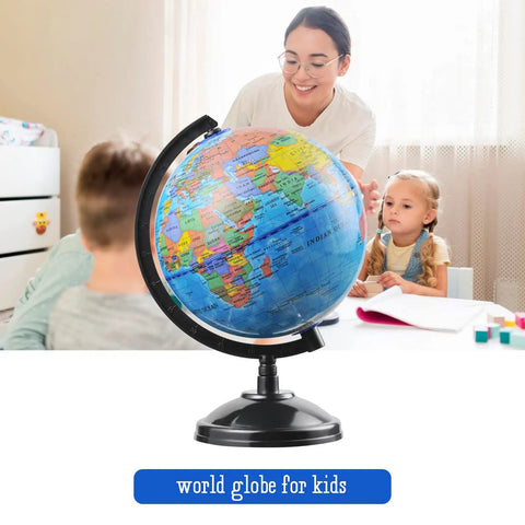 Hands On 6 Inch World Globe For Kids With Stand Interactive 360 Degree Earth Globe shown on a desk with children studying.