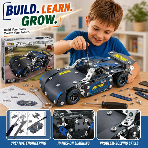 Boy assembling Metal Racing Car Kit With 207 Pieces And Real Tools For A Hands On STEM Build Your Own Race Car For Boys 8 12 Teens