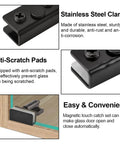 Black Frameless Glass Door Magnetic Catch Latch Set 4 Pack with anti-scratch pads and stainless steel clamp, easy installation.