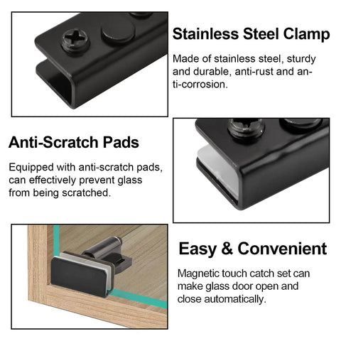 Black Frameless Glass Door Magnetic Catch Latch Set 4 Pack with anti-scratch pads and stainless steel clamp, easy installation.
