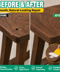 Before and after comparison showing Super Tough White Wood Filler To Fill Cracks And Scratches fast on a wooden surface.