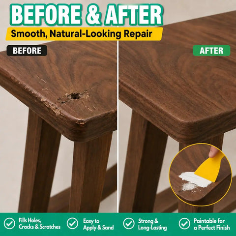 Before and after comparison showing Super Tough White Wood Filler To Fill Cracks And Scratches fast on a wooden surface.