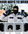 Winter Fleece 4 Piece 3 In 1 Hat Set For Men With Ear Flap Windproof Neck Warmer Gaiter And Knit Skull Cap worn by a man outdoors