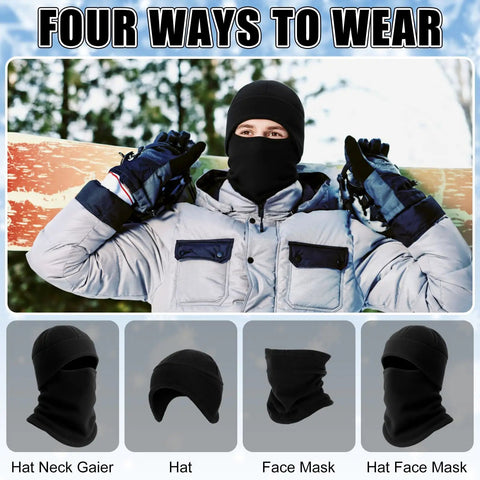 Winter Fleece 4 Piece 3 In 1 Hat Set For Men With Ear Flap Windproof Neck Warmer Gaiter And Knit Skull Cap worn by a man outdoors