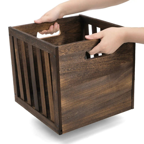 Person holding Wood Storage Bin Cube Crate With Handles Rustic Brown Decorative Box Stackable Shelf Basket Organizer for Closet