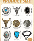 Top Shelf Bolo Tie Set 8 Piece Adjustable Western Leather Neckties With Turquoise Conchos size guide showcasing conchos and length.