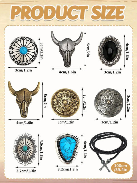 Top Shelf Bolo Tie Set 8 Piece Adjustable Western Leather Neckties With Turquoise Conchos size guide showcasing conchos and length.