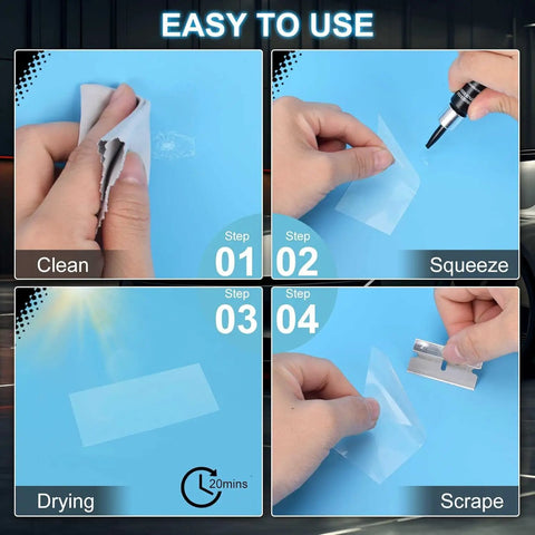 Steps to use Windshield Repair Kit For Cars, 4 Piece Auto Glass Repair Set With Nano Glass Repair Fluid for fixing chips and cracks