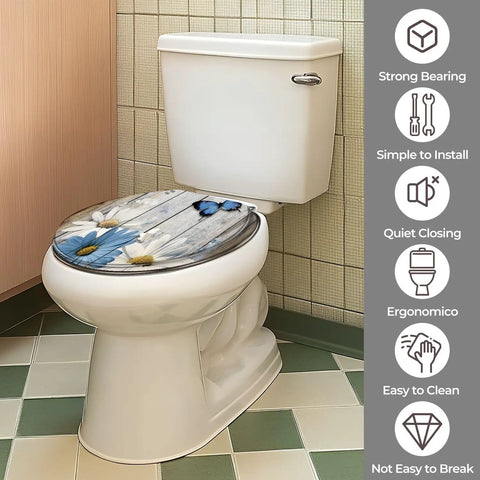 Toilet Seat Wooden Resin for Bathroom with floral design, installed on white toilet, shown in bathroom setting.