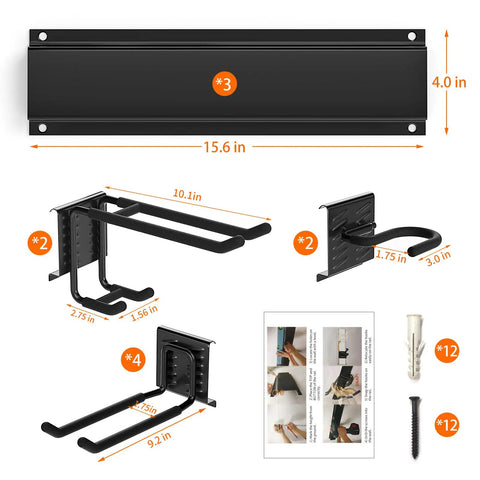 Easy Install Garage Tool Organizer Wall Mount Kit with 11 pieces showing wall rail, hooks, screws, size dimensions for space-saving storage