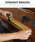 Person measuring wood with tape measure beside Stainless Steel Straight Bracket Set 24 Pcs For Furniture Repair And Wood Joining