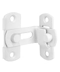 Four Pack Matte White 90 Degree Flip Barn Door Lock Latches Tough As Nails Heavy Duty Stainless Steel Gate Latch shown in detail.