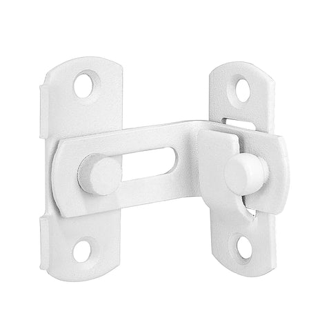 Four Pack Matte White 90 Degree Flip Barn Door Lock Latches Tough As Nails Heavy Duty Stainless Steel Gate Latch shown in detail.