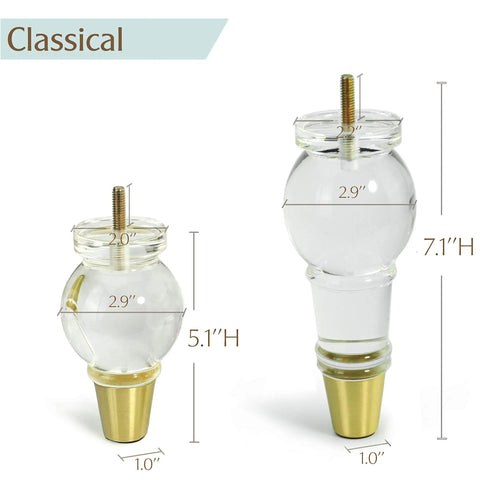 Clear Acrylic Furniture Legs Replacement Set Of 4 With Gold Metal Detail Sleek Modern Transparent DIY Sofa Feet For Cabinets TV Stands Dressers And More 5.1 Inch Tall Upgrade, two sizes with measurements.
