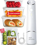 Compact Vacuum Sealer Kit With Glass Storage Containers And 30 Reusable Bags displayed with food items