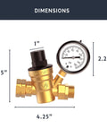 Heavy Duty Lead Free Brass RV Water Pressure Regulator With Oil Filled Gauge, Adjustable Valve For Camper dimensions diagram