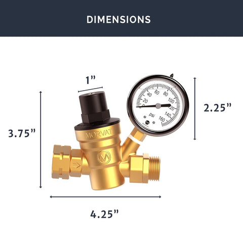 Heavy Duty Lead Free Brass RV Water Pressure Regulator With Oil Filled Gauge, Adjustable Valve For Camper dimensions diagram