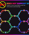 Installation guide for 24 Pack Remote Hexagon RGB LED Panels Ceiling Lights With 358 Modes IP54 For Party And Gaming Easy Remote Control Color Changing Dimmable Lights To Create A Dope Home Theater Vibe Or Garage Setup, showing hexagon arrangement and warnings against DIY installation.
