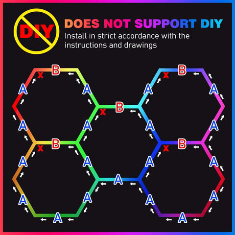 Installation guide for 24 Pack Remote Hexagon RGB LED Panels Ceiling Lights With 358 Modes IP54 For Party And Gaming Easy Remote Control Color Changing Dimmable Lights To Create A Dope Home Theater Vibe Or Garage Setup, showing hexagon arrangement and warnings against DIY installation.