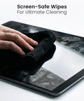 Hand cleaning tablet screen with Streak-Free Screen Cleaner Wipes For TV, Computer, Laptop, iPad And Monitor With Microfiber Cloth