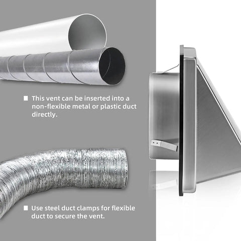 4 Inch External Extractor Wall Vent With Cushioned Non Return Flap For Dryer Vent And Home Exhaust showing metal and flexible ducts