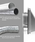 6 Inch External Extractor Wall Vent With Cushioned Non Return Flap For Dryer Vents And Room Exhaust Fits 5.7 Inch Pipe Easy Install Durable Build Perfect For Bathrooms Kitchens Offices Garages RVs Campers And Range Hood Extractors showing metal duct installation on wall