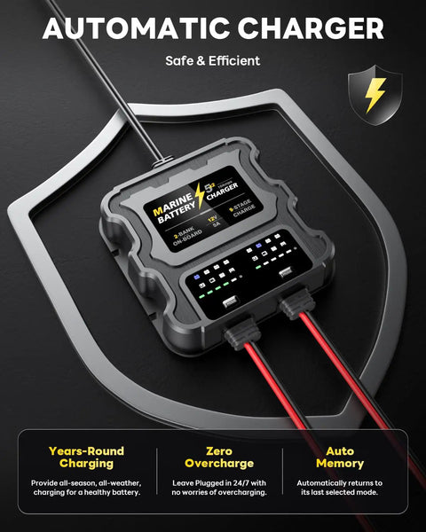 Two Bank Marine Battery Charger 12V 10A Waterproof Onboard Boat Charger with Auto Switch, shown with shield icon for protection.