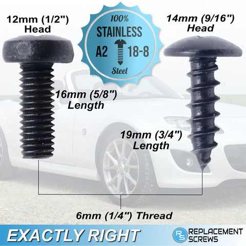 Mazda License Plate Screws Stainless Steel With Black Oxide Finish Pack Of 8, showing size and A2 18-8 stainless details.