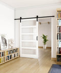 42 Inch By 84 Inch Five Panel Sliding Barn Door With Tempered Frosted Glass installed in a modern living room interior