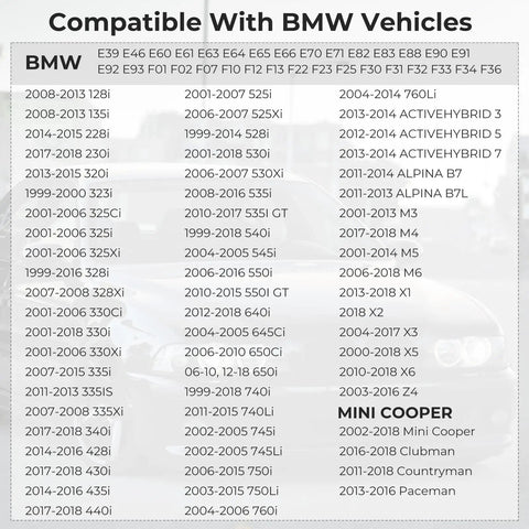 Gas Cap Replacement For BMW Mini Cooper compatibility list for various BMW and Mini models; Premium Fuel Cap Fits 3 4 5 6 7 Series X Line X1 X2 X3 X4 X5 X6 M3 M4 M5 M6 Z4 128i 135i 228i 320i 328i 335i 428i 525i 528i 530i 535i GT 650i 740i 745i 750i Easy Install Quality Tested.