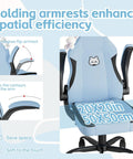 Light blue ergonomic desk chair with lumbar support and flip up armrests in PU leather, 20x20 inches for home and gaming.