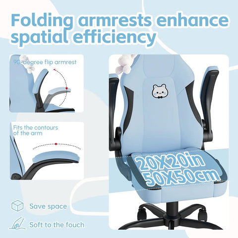 Light blue ergonomic desk chair with lumbar support and flip up armrests in PU leather, 20x20 inches for home and gaming.