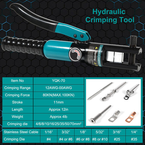 10 Ton Hydraulic Crimping Tool With 9 Dies for Battery Cable Terminals and Stainless Steel Wire Rope Crimping