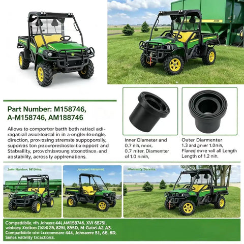 Built Tough Upper And Lower A Arm Suspension Bushings Kit For John Deere Gator XUV 625i 825i 855d 4x4 5E 6E Replaces Am158746 showcased with vehicle and product details.