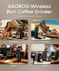 Aaobosi Cordless Burr Coffee Grinder Rechargeable With 60 Settings And Anti Static Design Digital Timer Touchscreen, used in camping and cafe settings.