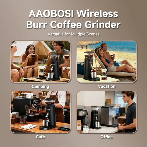 Aaobosi Cordless Burr Coffee Grinder Rechargeable With 60 Settings And Anti Static Design Digital Timer Touchscreen, used in camping and cafe settings.