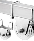 Two Pack Of Four Inch V Groove Gate Rollers Offer Rock Solid 3000 Lb Load Rating With Galvanized Steel Mount Brackets And Dual Bearings For Smooth Sliding Fence Gates Enabling Quick Setup With Zero Welding Or Unwanted Hustle showing close-up of durable wheels mounted on steel track.