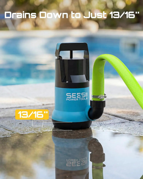 One HP Submersible Water Pump With 4755GPH High Flow Beast 23ft Hose Kit placed poolside showing 13/16 inch drainage capability.