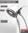 4-Spray Touch-Clean In2ition 2-In-1 Dual Handheld Shower Head With Hose in Chrome finish, dimensions labeled