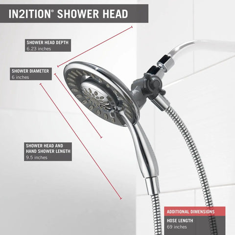 4-Spray Touch-Clean In2ition 2-In-1 Dual Handheld Shower Head With Hose in Chrome finish, dimensions labeled