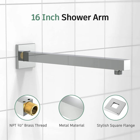 Shower Faucet Set With Valve And 8 Inch Square Shower Head Single Handle Trim Kit With Extra Long 16 Inch Shower Arm Polished Chrome Easy Installation with square wall-mounted flange and chrome finish