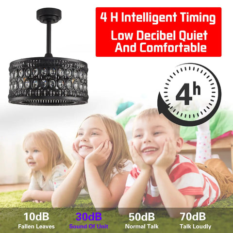 Dope Crystal Ceiling Fan With Lights Remote Control 6 Speeds Reversible Quiet Motor in black finish with timer display and kids