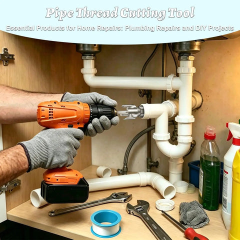 Easy And Comfortable 3 Piece Internal External Pipe Threading Tool Kit Includes 1/2 3/4 1 Inch NPT Sizes For Electric Drill in use.