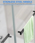 Frameless Double Sliding Shower Door With Adjustable 56 To 60 Inch Width And 76 Inch Height, 8mm Clear Tempered Safety Glass, Matte Black Stainless Steel Hardware, Reversible Left Or Right Door, Modern Bathroom Upgrade showing towel rack