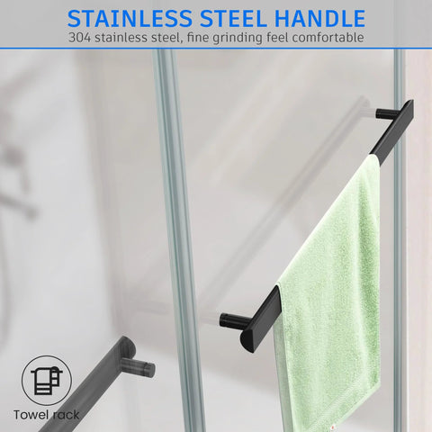 Frameless Double Sliding Shower Door With Adjustable 56 To 60 Inch Width And 76 Inch Height, 8mm Clear Tempered Safety Glass, Matte Black Stainless Steel Hardware, Reversible Left Or Right Door, Modern Bathroom Upgrade showing towel rack