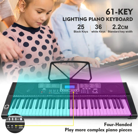 61 Key Learning Piano Keyboard With Lighted Keys For Beginners, Includes Stand, Pedal, Headphones And Microphone, USB MIDI, Joystick, Built In Speakers, Easy Teaching Modes For Fast Skill Building And Fun Practice, showing child and keyboard display.